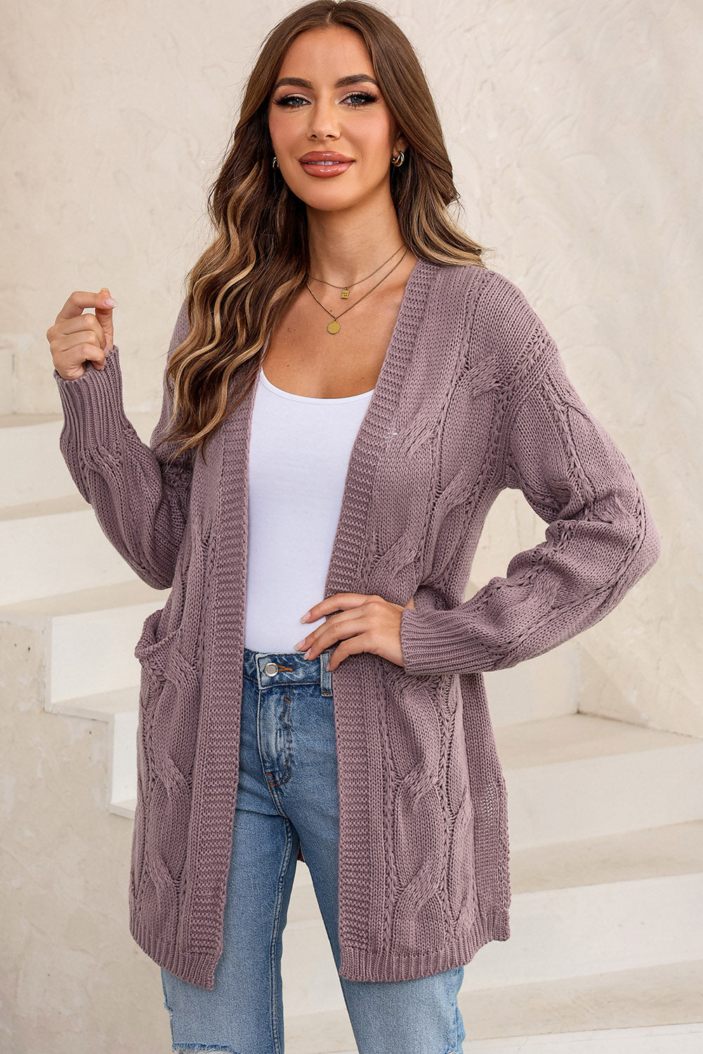 Elegante Cable-Knit Oversized Cardigan met Split voor Stijlvolle Laagjes