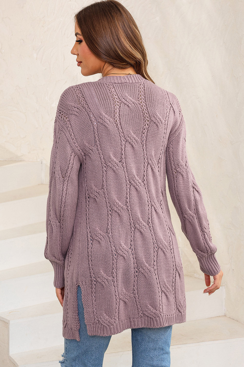 Elegante Cable-Knit Oversized Cardigan met Split voor Stijlvolle Laagjes