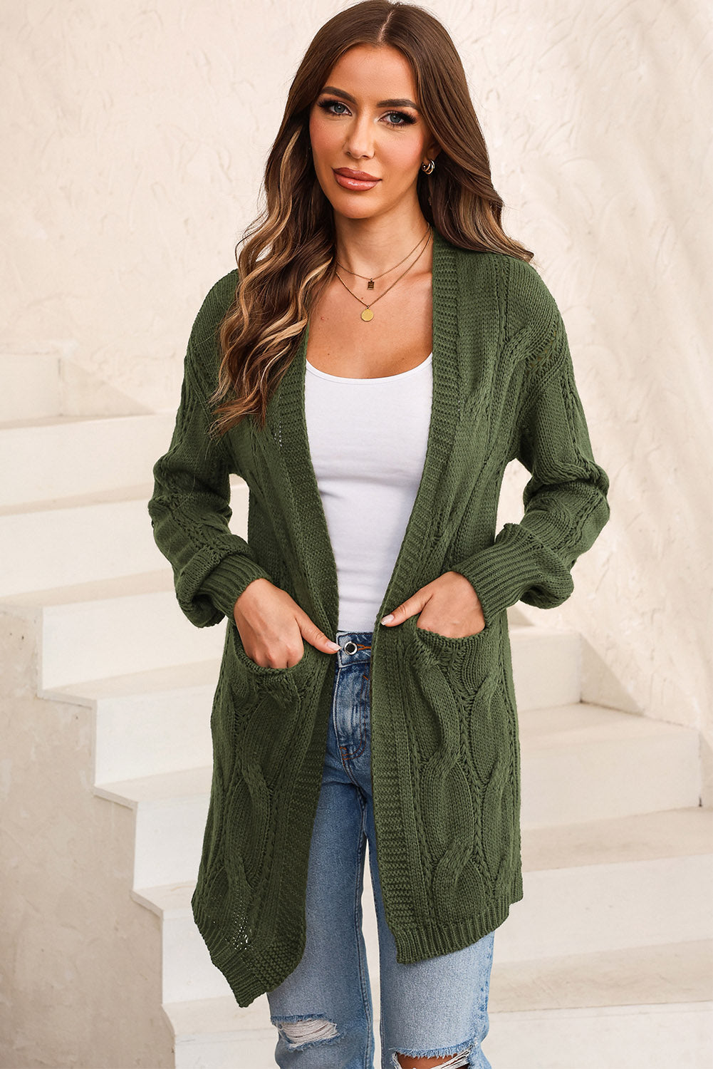 Elegante Cable-Knit Oversized Cardigan met Split voor Stijlvolle Laagjes