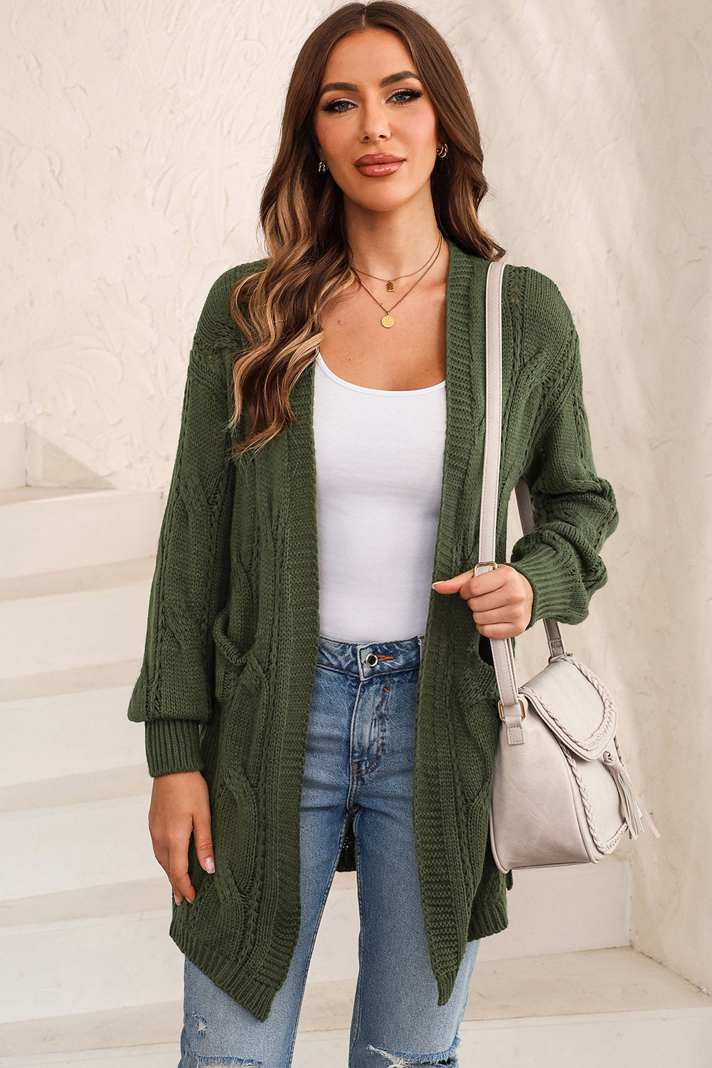 Elegante Cable-Knit Oversized Cardigan met Split voor Stijlvolle Laagjes