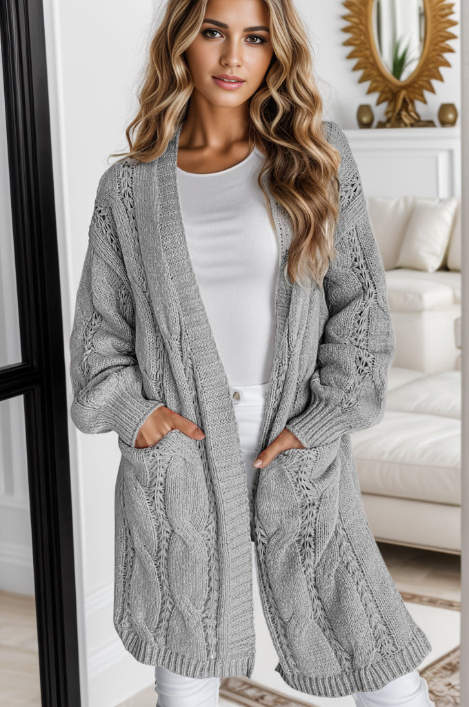 Elegante Cable-Knit Oversized Cardigan met Split voor Stijlvolle Laagjes