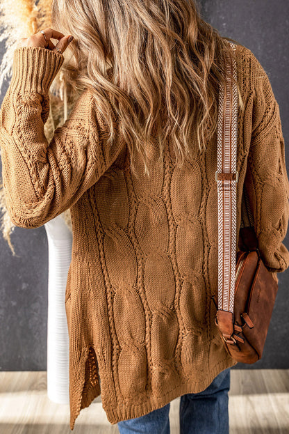 Elegante Cable-Knit Oversized Cardigan met Split voor Stijlvolle Laagjes