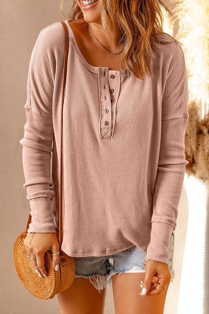 Comfortabele Wafel Knit Henley Langermige Top voor Elk Seizoen