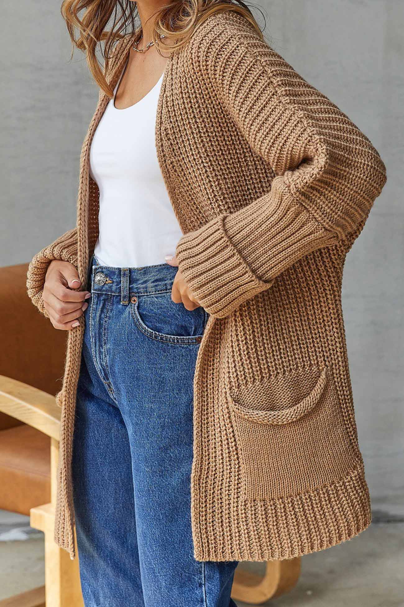 Trendy Open Front Lange Cardigan - Knoopsluiting voor Comfortabel Stijl