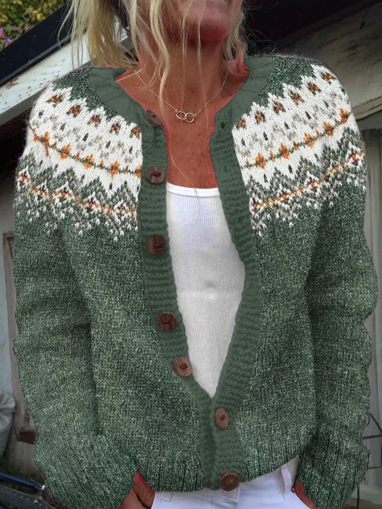 Gezellige vintage cardigan met knopen en wintermotieven